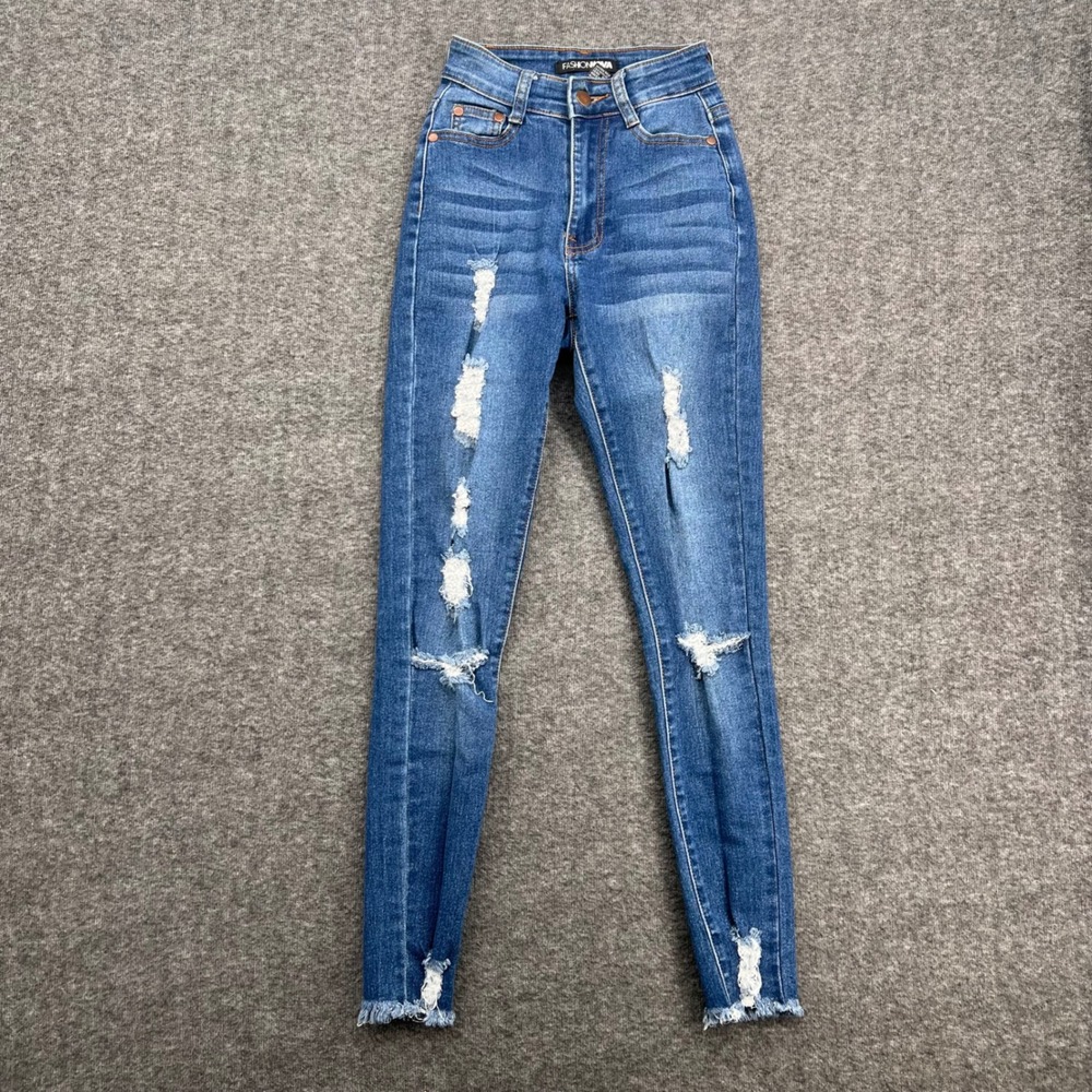 Fashion Nova Womens Size 0 Distressed High Rise Skinny Jeans Medium Wash Blue